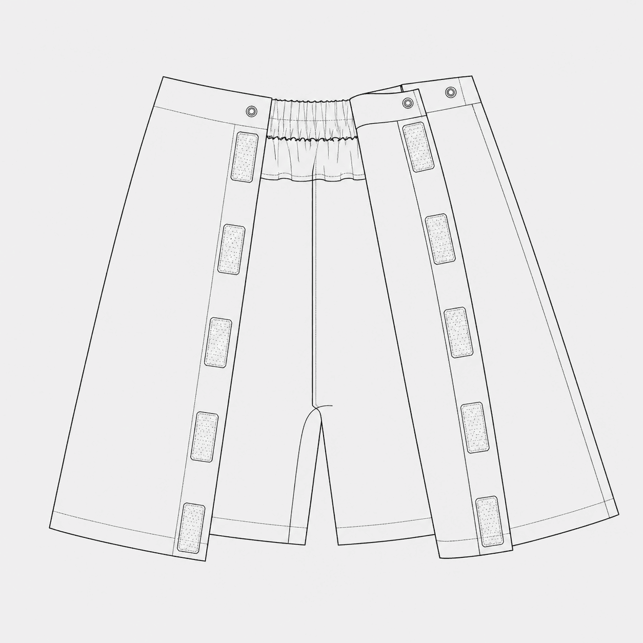 The Daily Shorts lying fully open, side closures unfastened