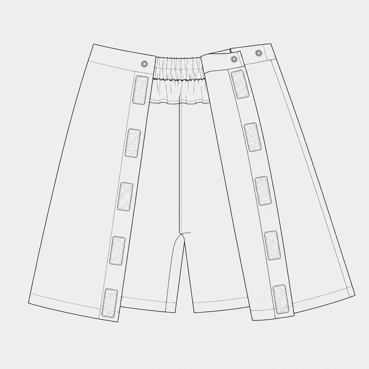 The Daily Shorts lying fully open, side closures unfastened